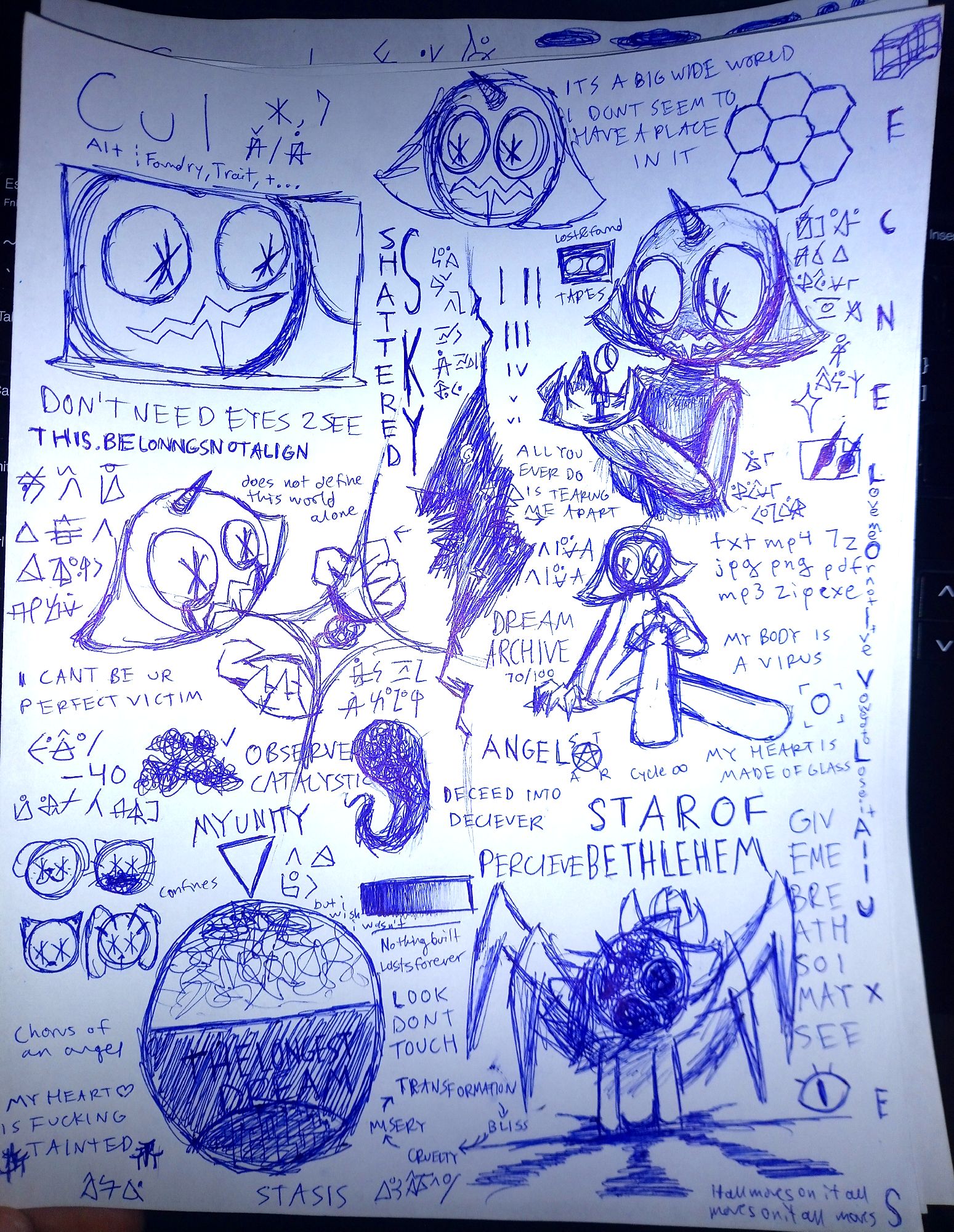 a piece of paper with numerous sketches of a character with wide eyes with a six pointed star for pupils, and large triangular ears, and a horn. their name is cul. they seem to represent something divine.